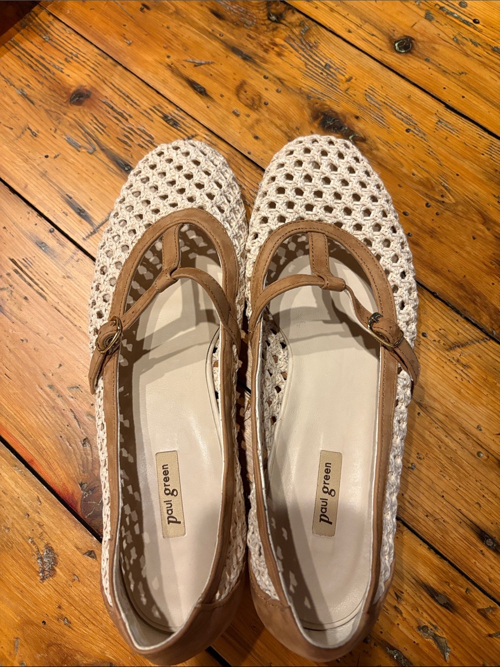 Paul Green Cream Crochet Mary Jane Flats with Tan Trim